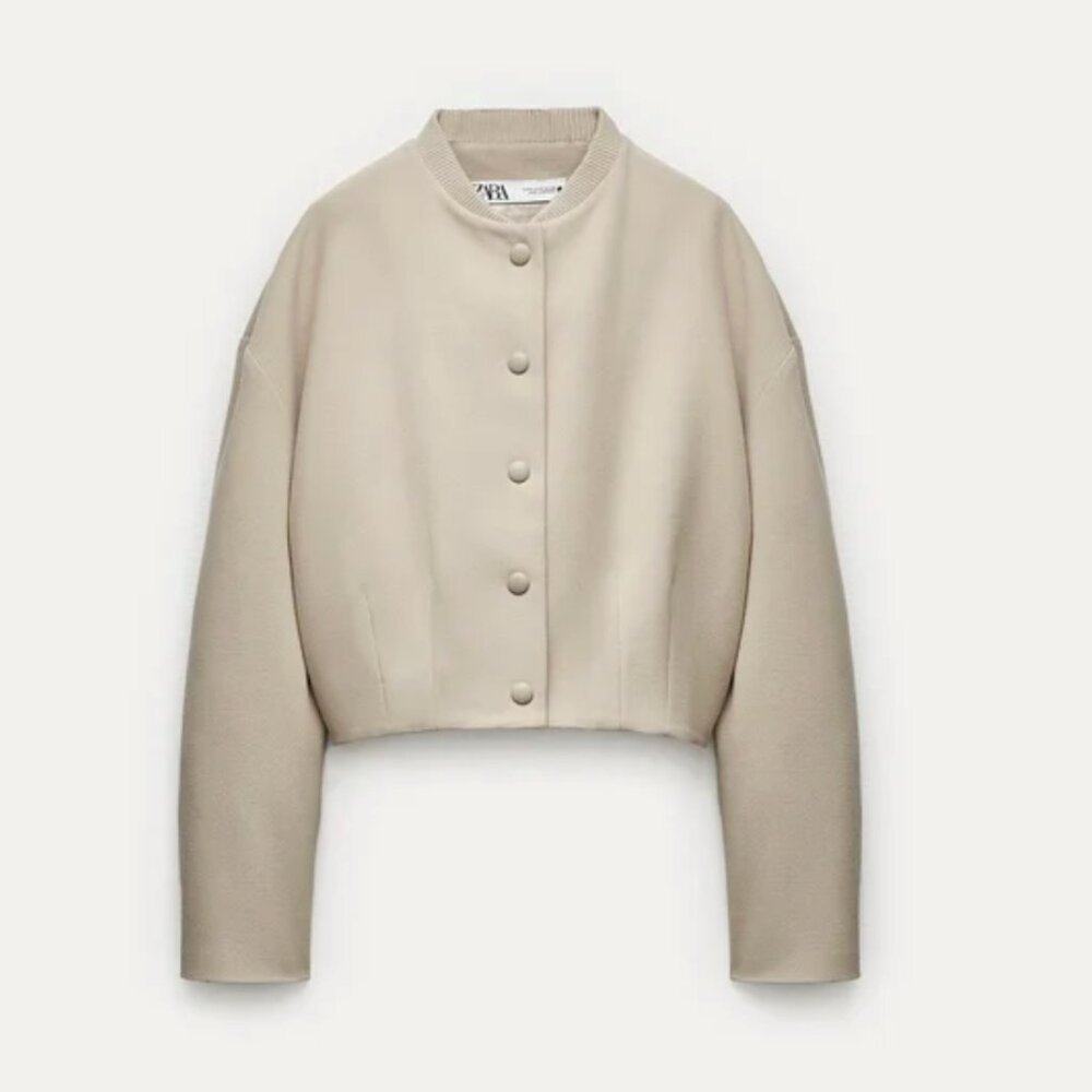 Zara Tan Bomber Jacket Snap Button Size XS pre-lowed